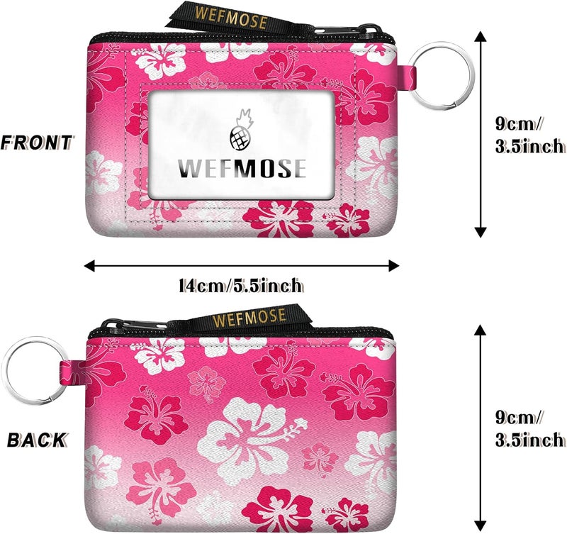 WEFMOSE Small Wallet Keychain with Clear ID Window Zipper Cute ID Case Coin Purse for Women Water Resistant Coin Pouch-Hawaiian Floral-Pink Keychain Wallet - Image 3